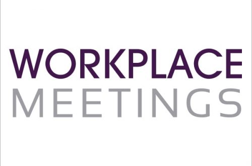 Bannière Workplace Meetings violet et gris