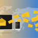 Mail envoyé, message, ordinateur téléphone world map bleu jaune