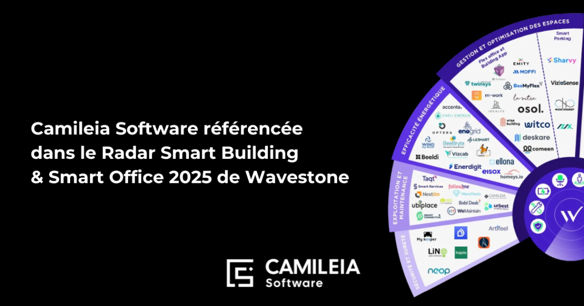 Visuel présentant Camileia Software parmi les start-ups du Radar Smart Building & Smart Office 2025 publié par Wavestone, catégorie Exploitation et Maintenance.